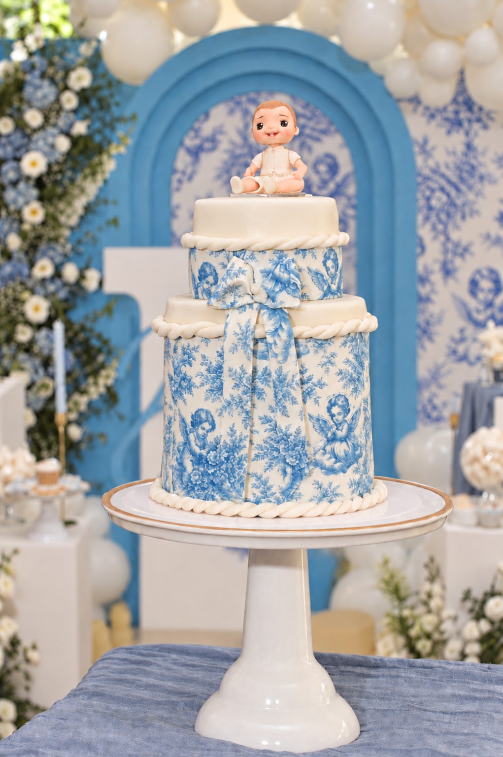 Bolo de batizado personalizado em azul e branco